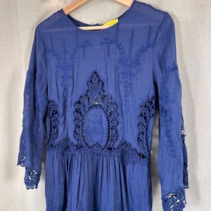 Ezra Navy Blue Lace Crochet eyelet  Midi Dress M 3/4 Sleeve Boho Fit & Flare